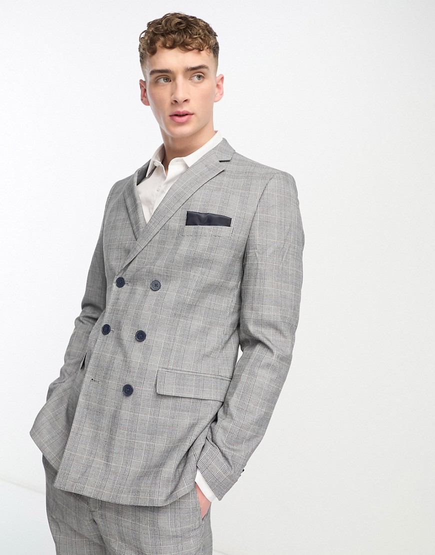 French Connection double breasted suit jacket in grey check