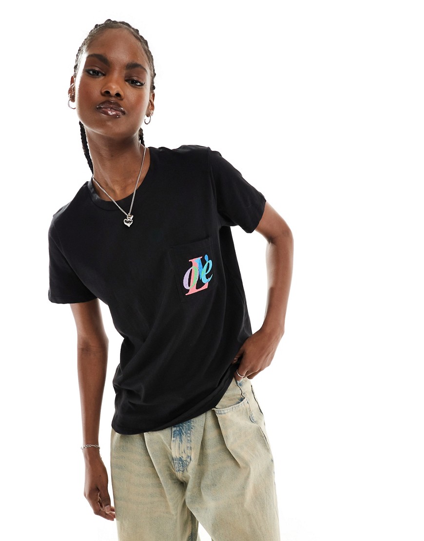 French Connection embroidered love pocket jersey t-shirt in black