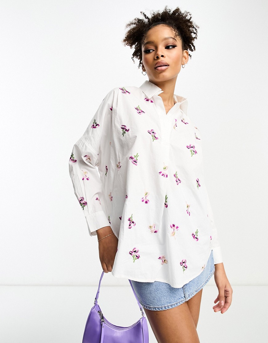 French Connection floral embroidered overhead shirt in white