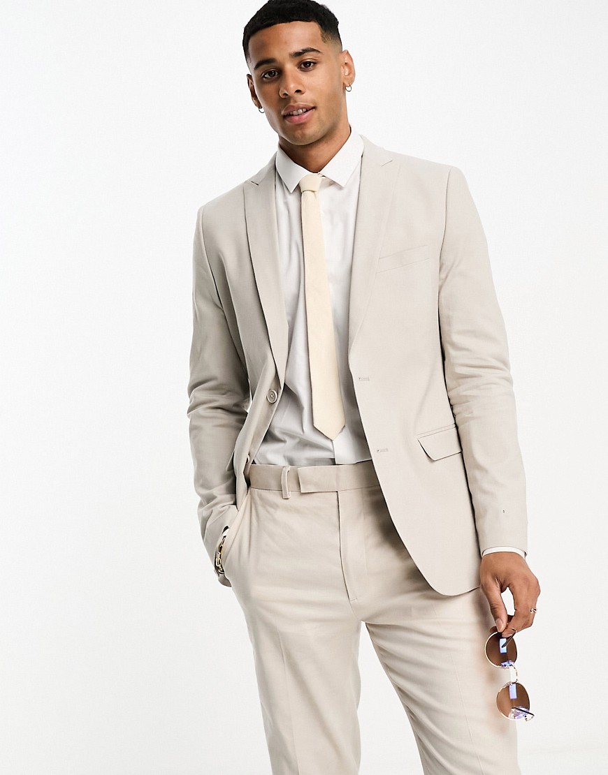 French Connection linen formal suit jacket in stone-Neutral