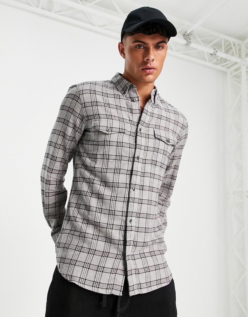 French Connection long sleeve 2 pocket check flannel shirt in light grey