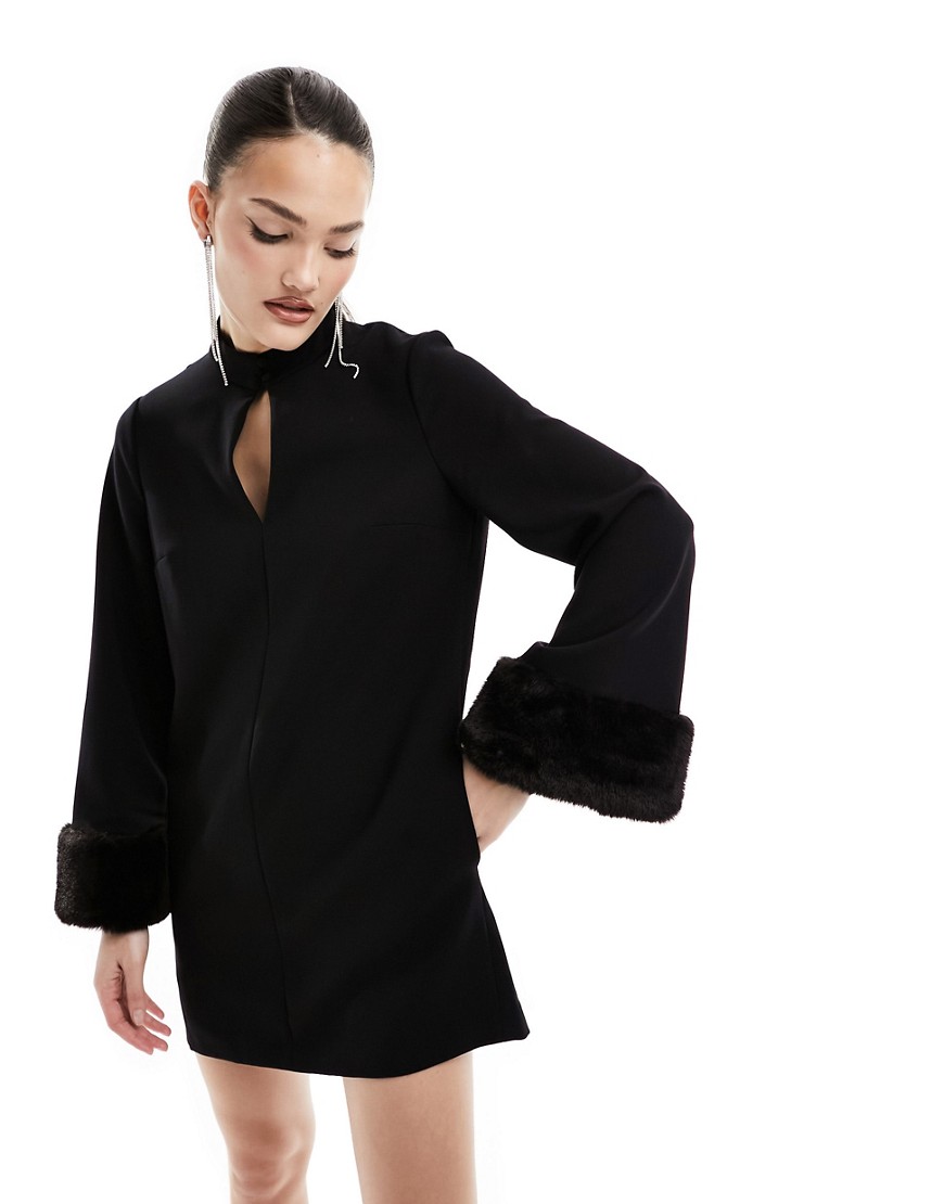 French Connection mini dress with faux fur trim in black