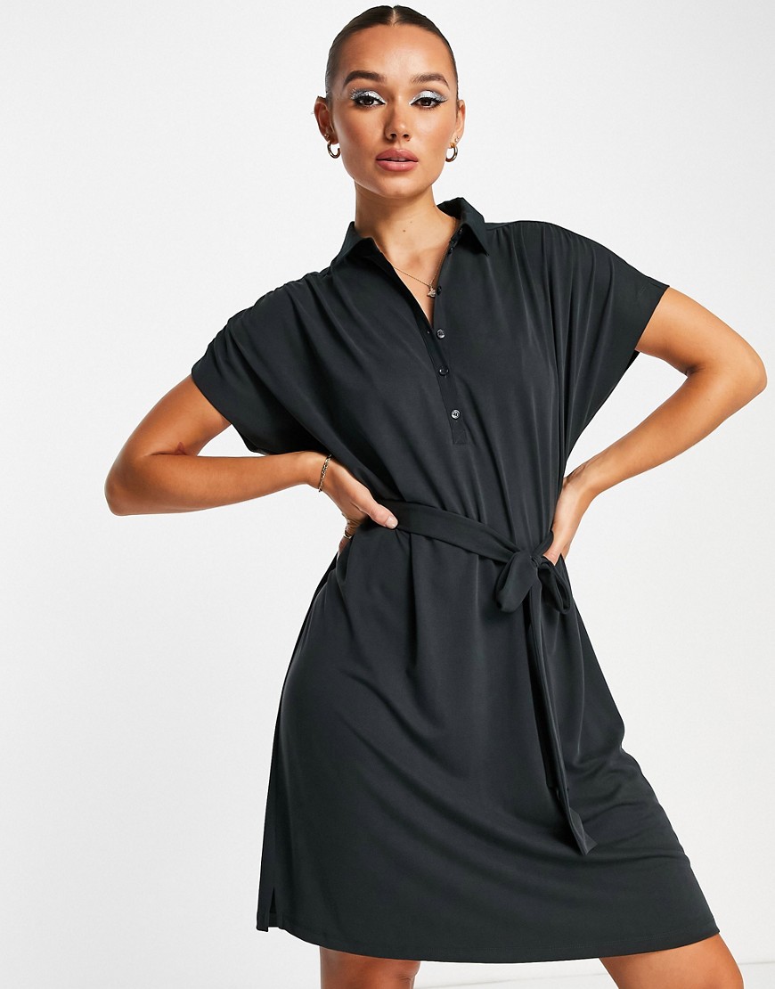 French Connection mini polo dress with tie waist in black