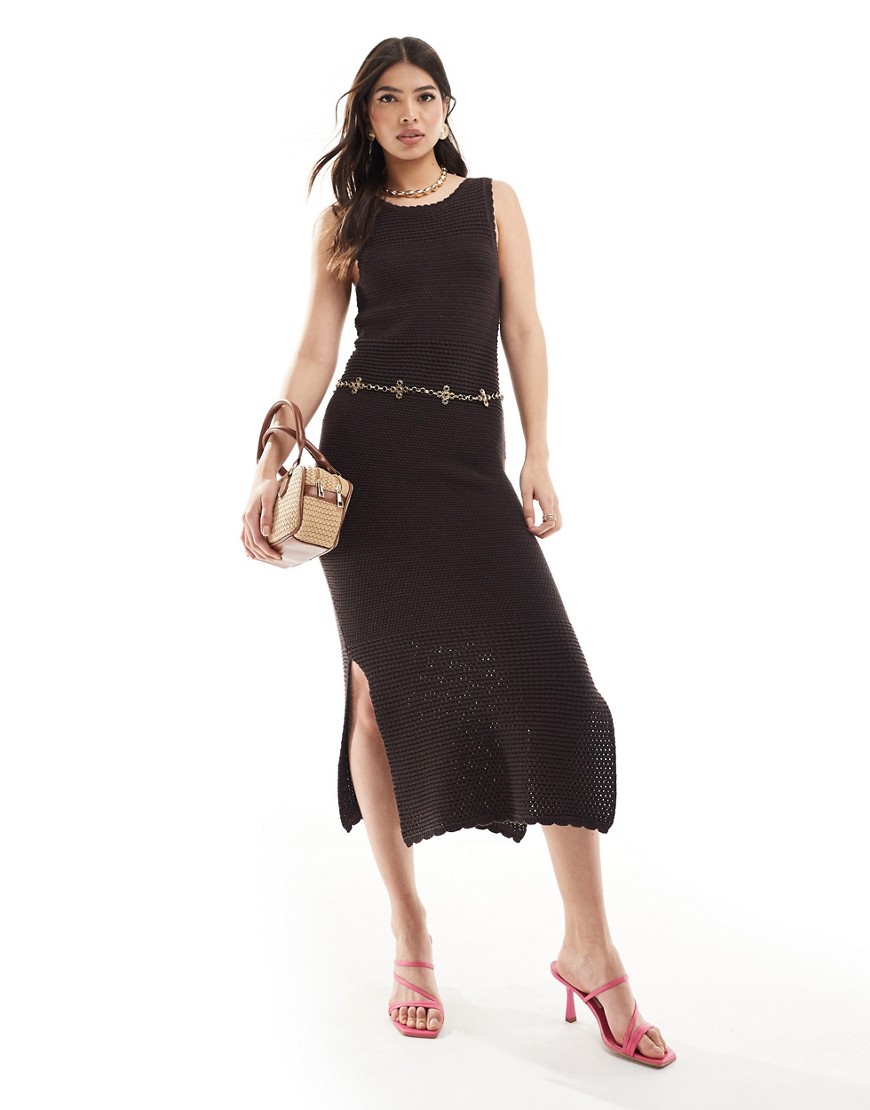 French Connection Momo Nellis crochet maxi dress in chocolate-Brown