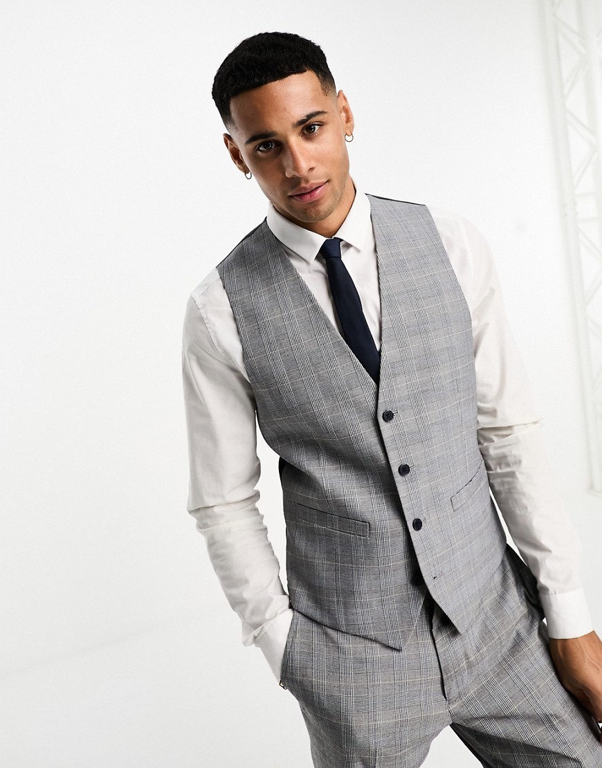 French Connection Prince of Wales check suit waistcoat in mid grey