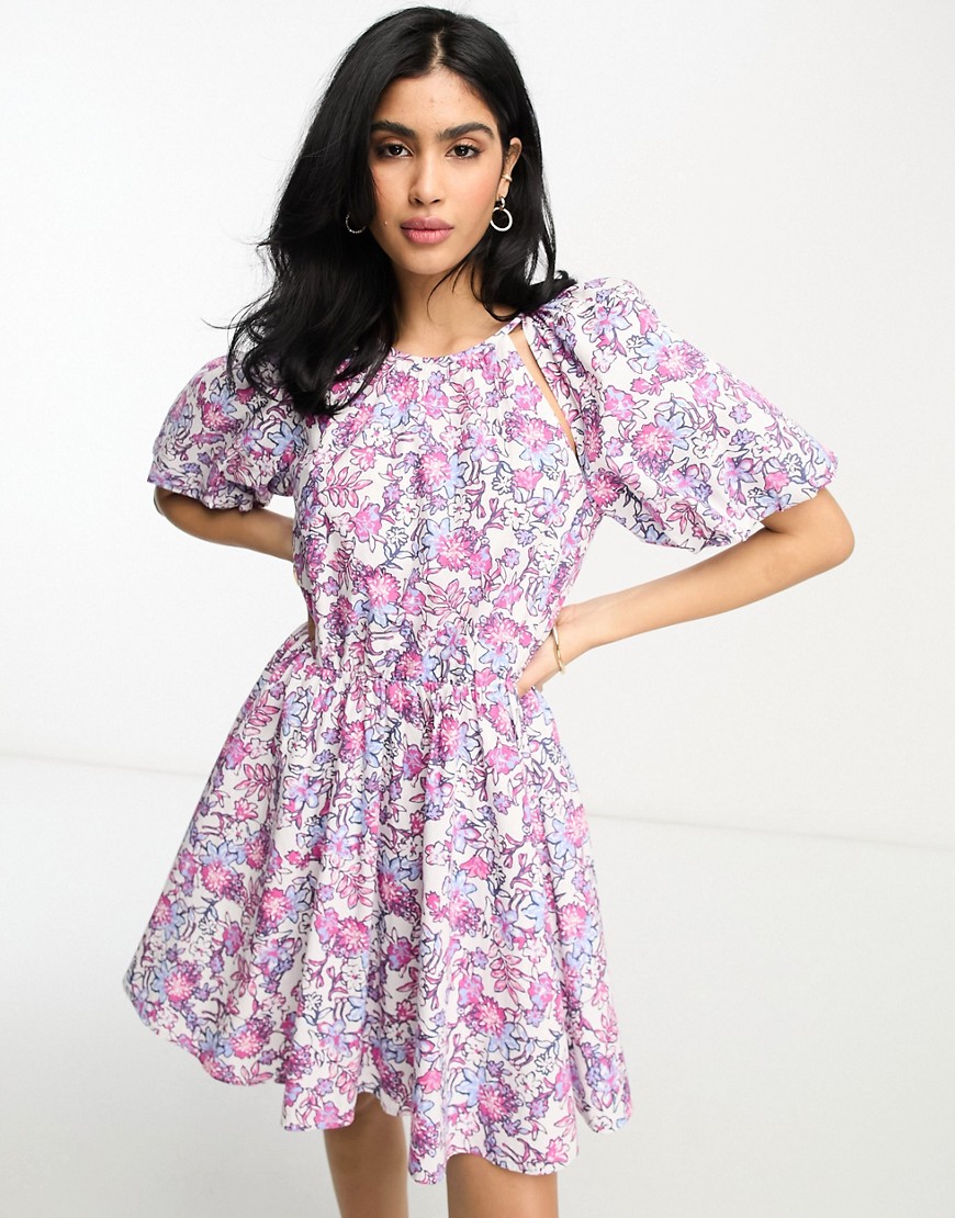 French Connection puff sleeve cotton mini dress in floral-Multi