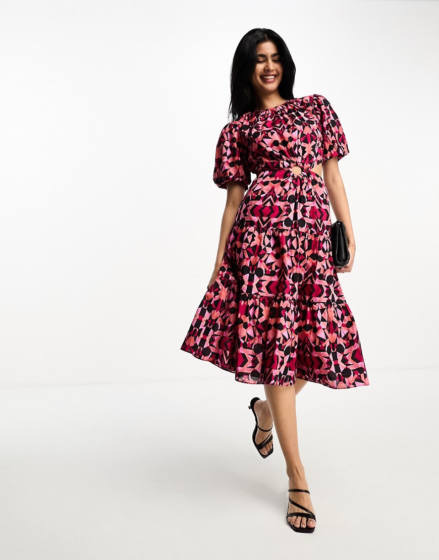 French Connection puff sleeve midi dress with ring detail cut out in pink and black geo print