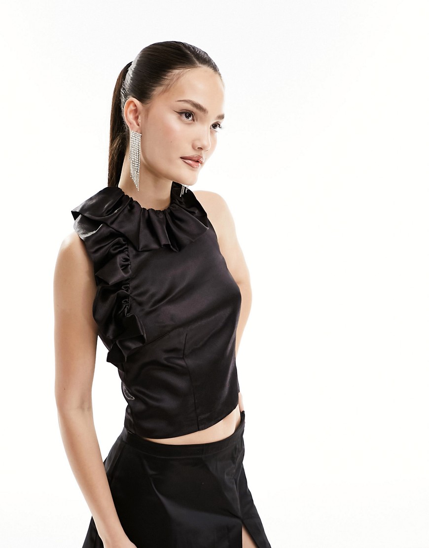 French Connection satin top with ruffle detail in black