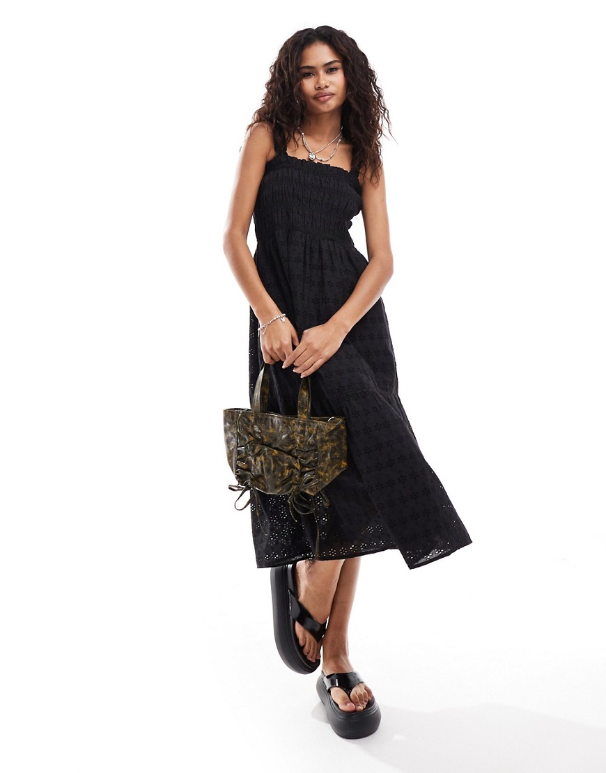 French Connection shirred broderie midi sun dress in black
