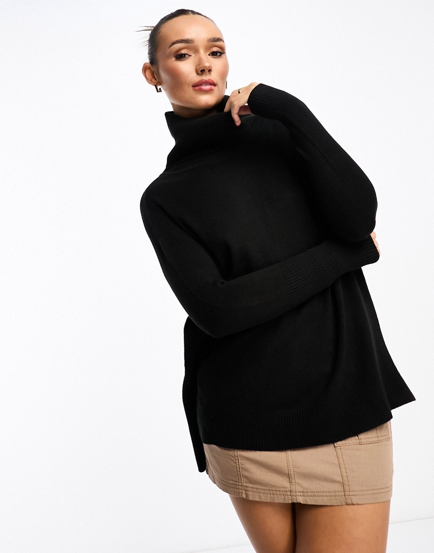 French Connection step hem roll neck jumper in black