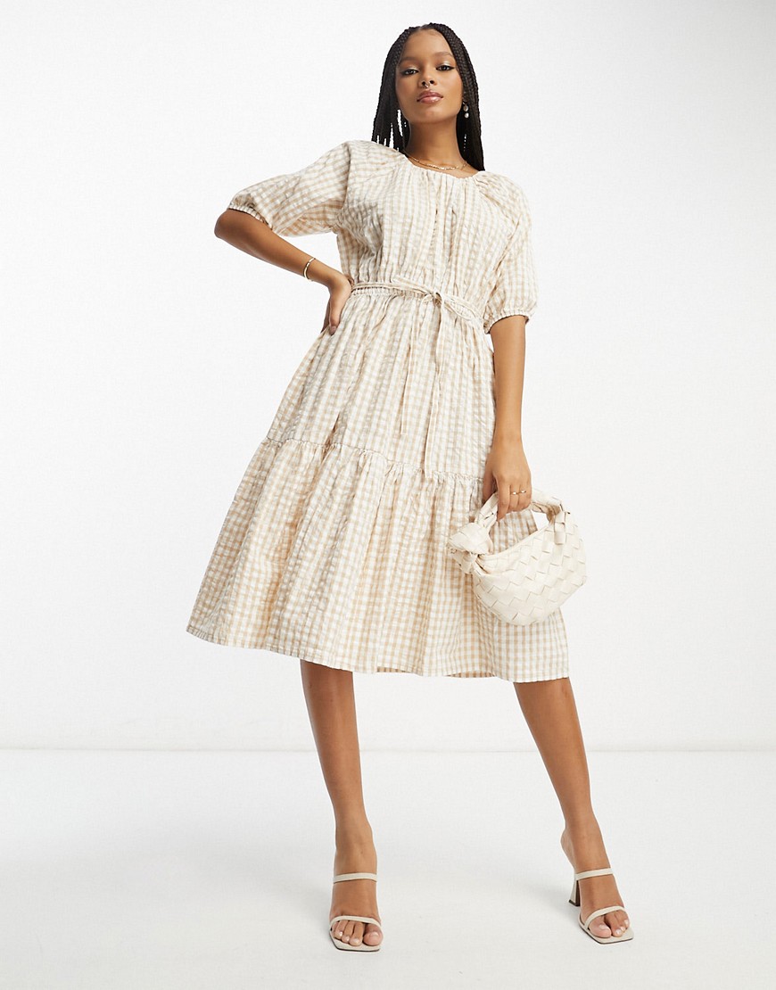 French Connection tiered midi smock dress in beige gingham-Neutral