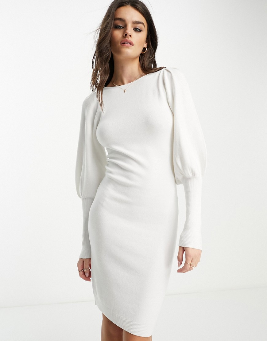 French Connection volume sleeve knitted midi dress in white