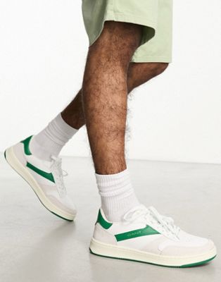 Goodpal leather trainer in white cream suede with green panels and logo