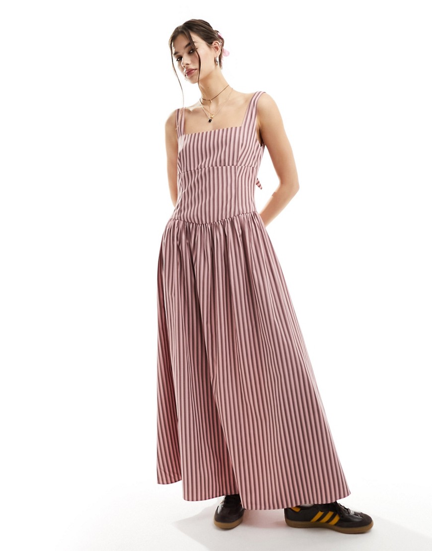 Glamorous drop waist square neck full skirt maxi dress in pink brown stripe