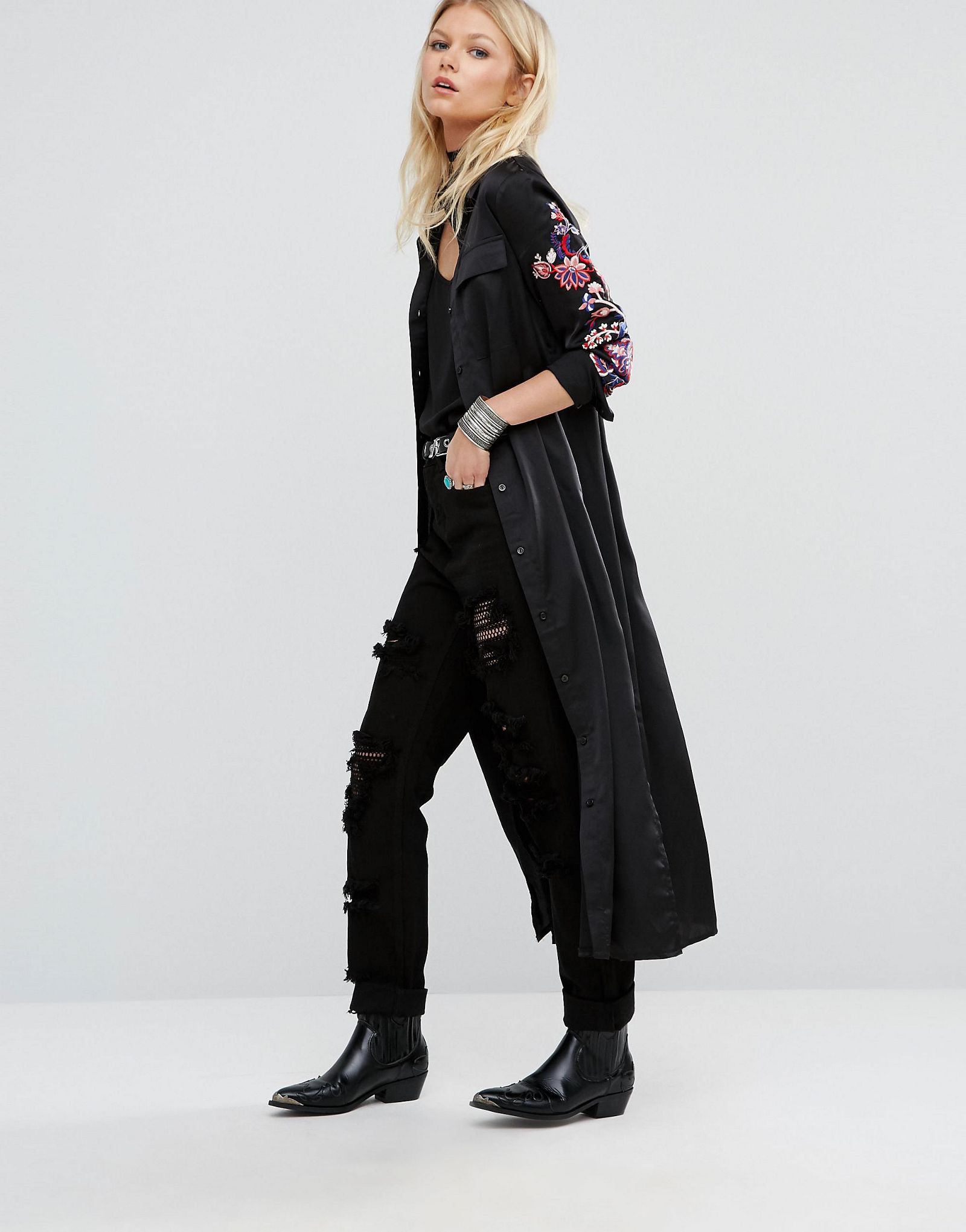 Glamorous Petite Long Sleeve Cold Shoulder Maxi Shirt Jacket With Sleeve Embroidery