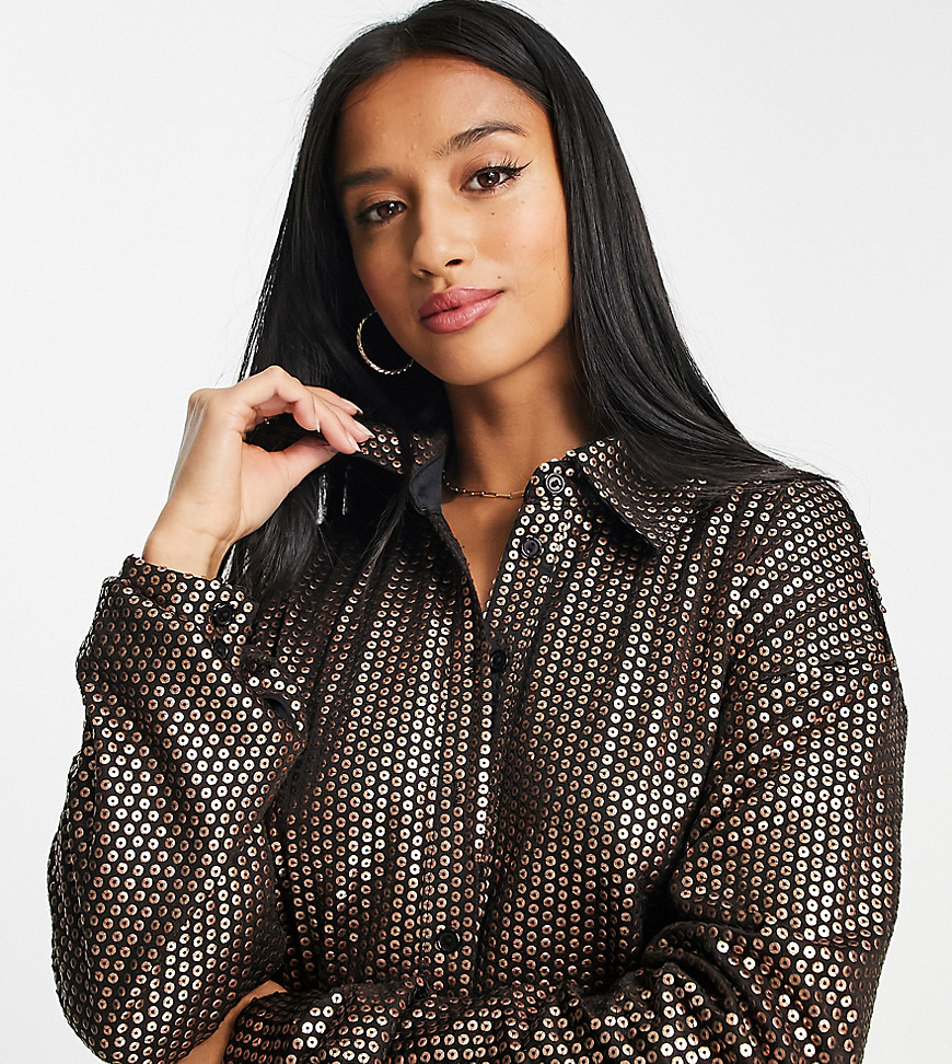 Glamorous Petite oversized shirt in matte brown sequin co-ord-Multi