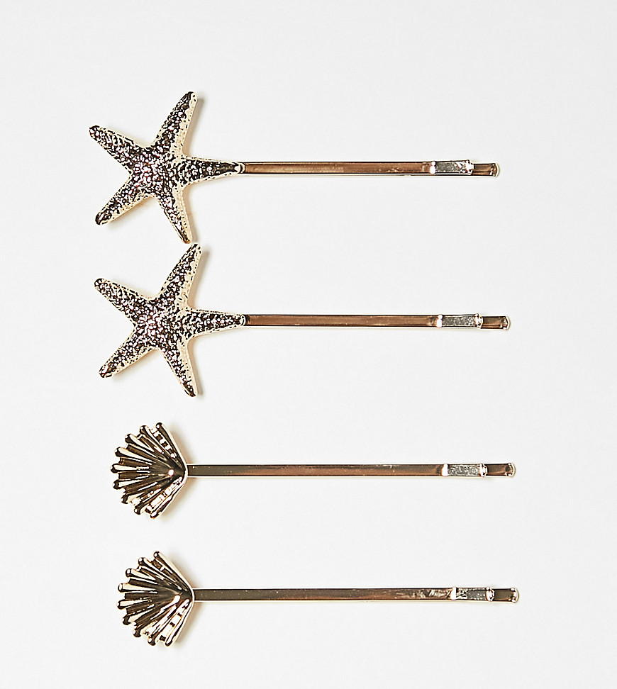 Glamorous shell and starfish hair slide 4 pack in gold