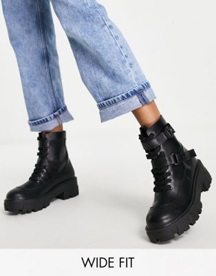 lace up flat ankle boots with buckles in black
