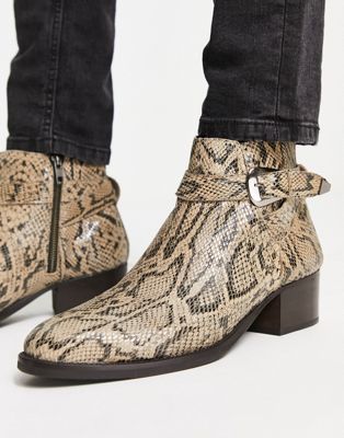 Exclusive Asher cuban strap chelsea boots in beige snake embossed leather
