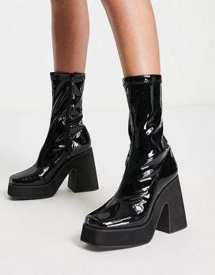 chunky platform sock boots in black patent