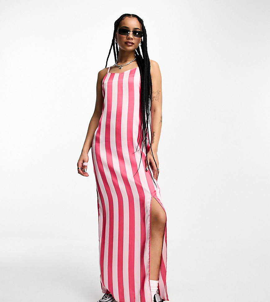Heartbreak Petite satin cami maxi dress with side split in pink stripe