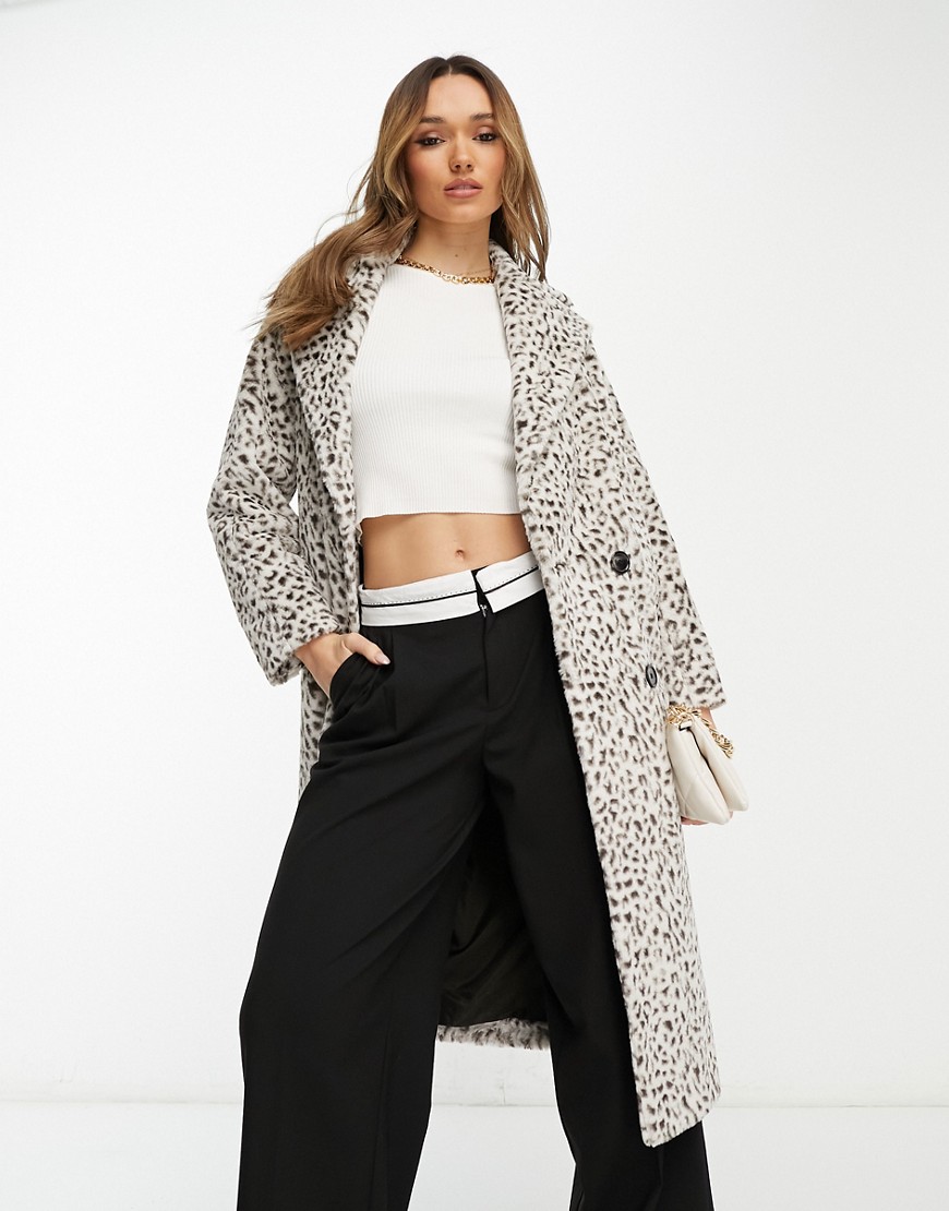 Helene Berman double breasted faux fur coat in white leopard