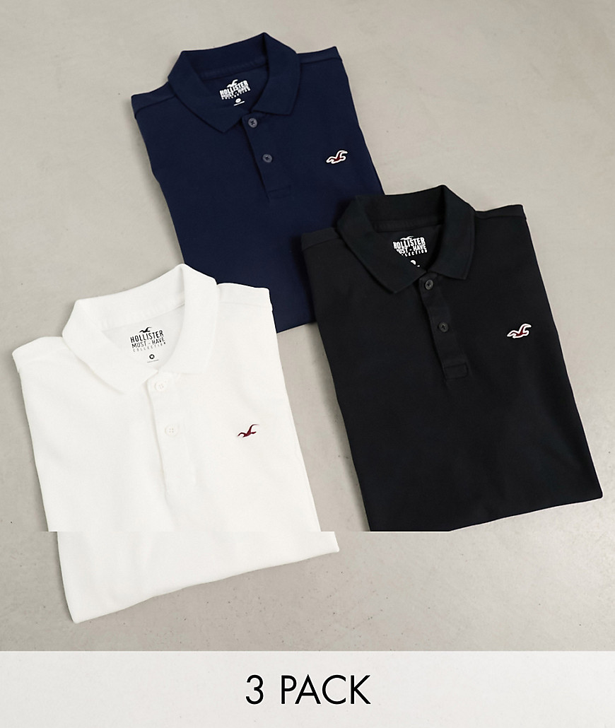 Hollister 3 pack icon logo slim fit pique polo in white/navy/black-Multi