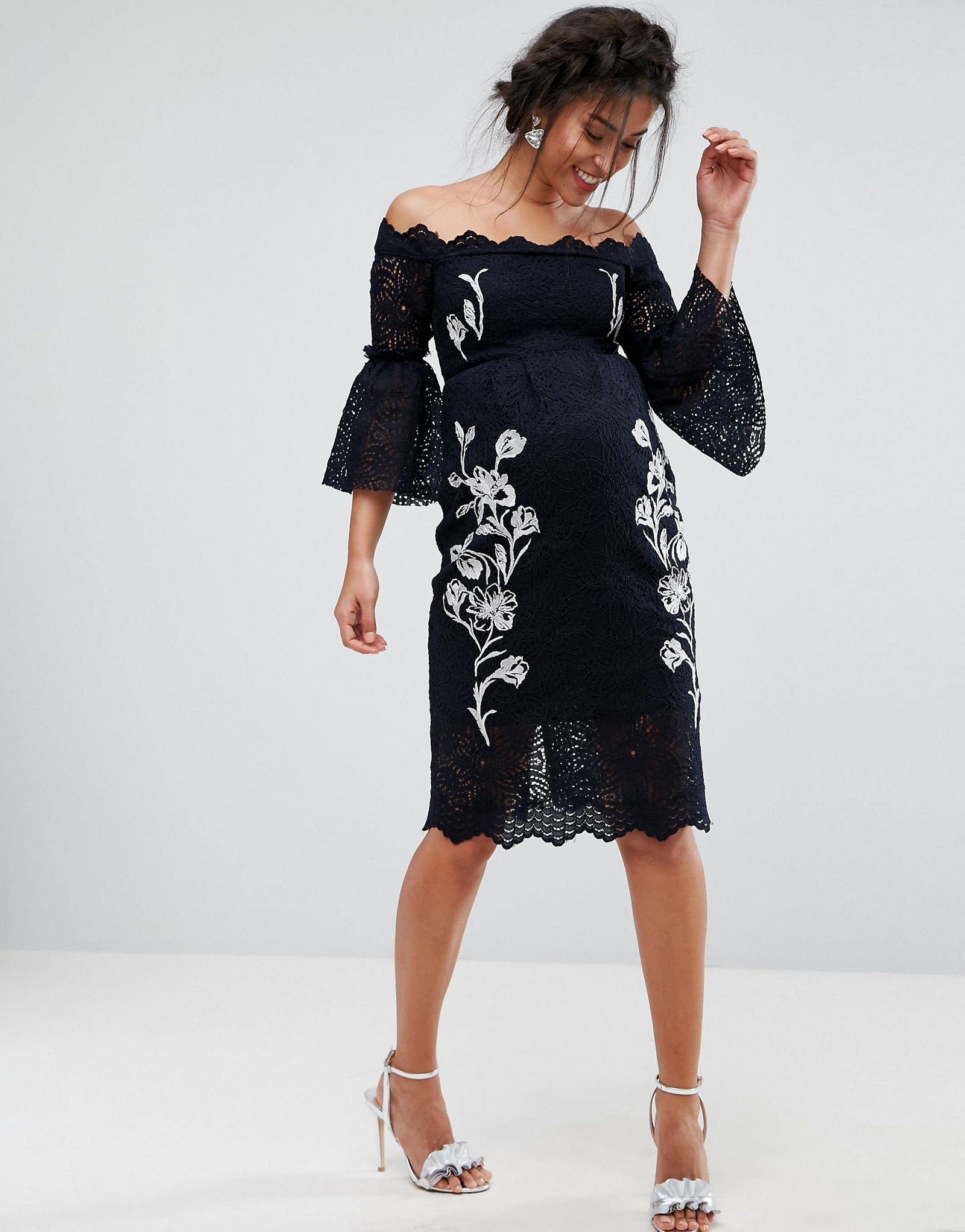 Hope & Ivy Maternity Bardot Lace Pencil Dress With Embroidery