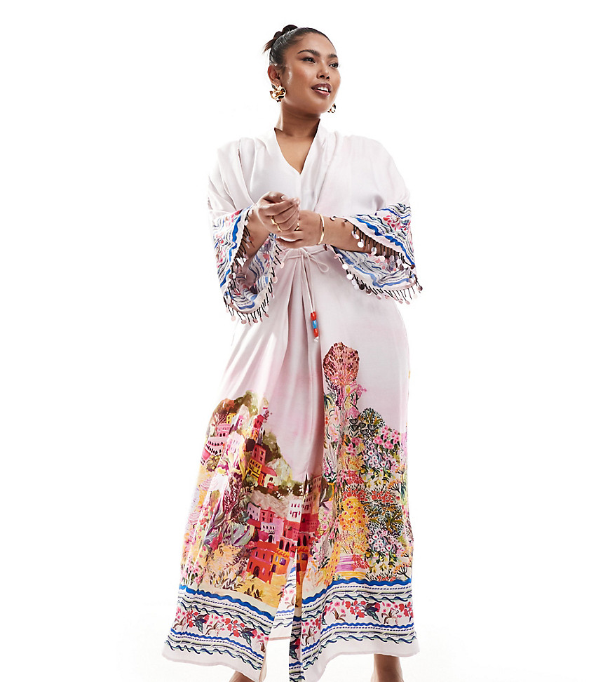 Hope & Ivy Plus belted kaftan maxi dress in scenic print-Multi