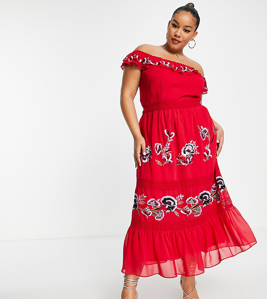Hope & Ivy Plus off shoulder embroidered midi dress in red-Multi