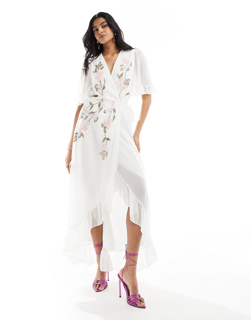 Hope & Ivy ruffle hem embroidered wrap maxi dress in white