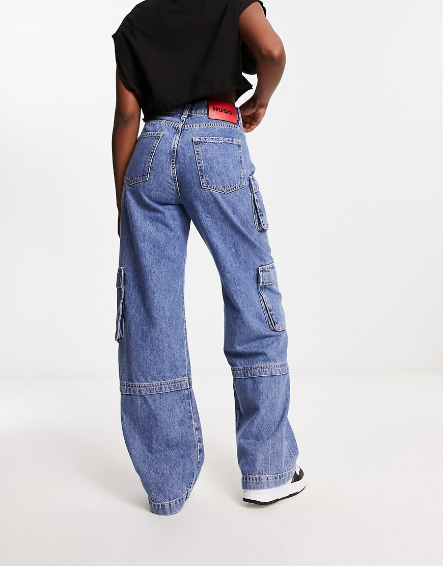HUGO Gashia relaxed fit cargo jeans in mid blue
