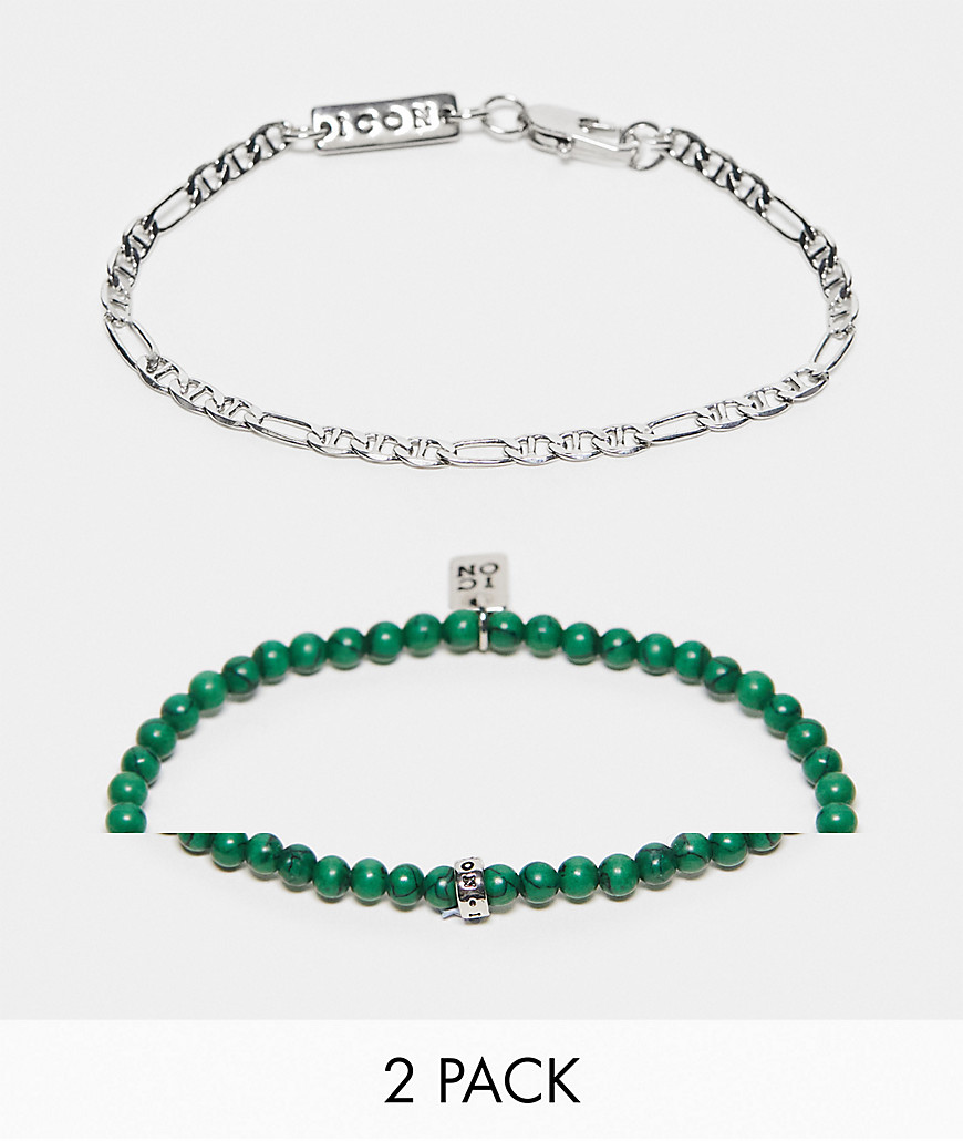 Icon Brand bead and chain bracelet 2 pack in silver and green