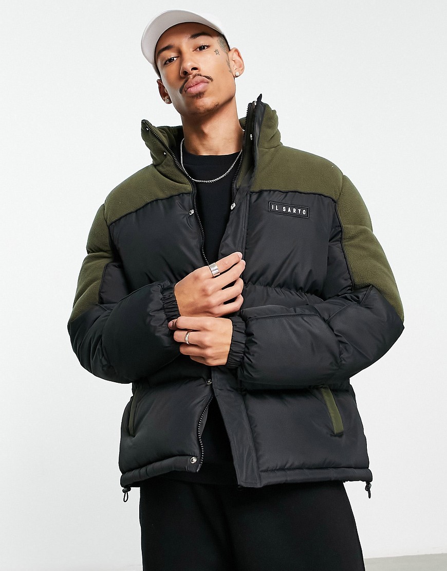 Il Sarto contrast borg details panelled puffer jacket in khaki-Green