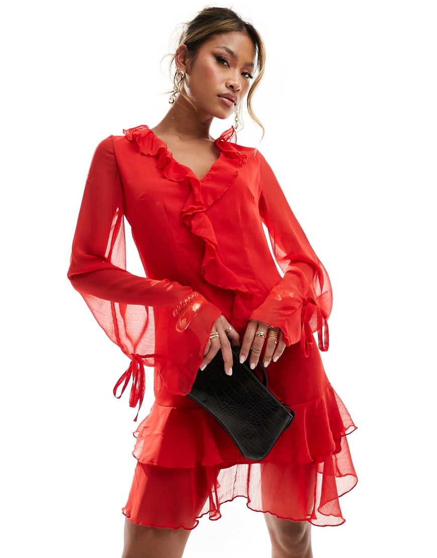 In The Style chiffon frill detail mini dress with tie sleeves in red