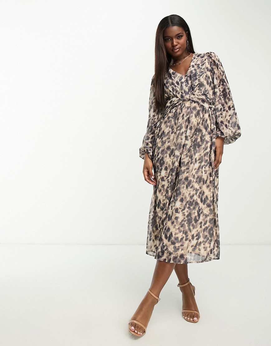 In The Style chiffon twist detail midi dress with volume sleeves in leopard print-Multi