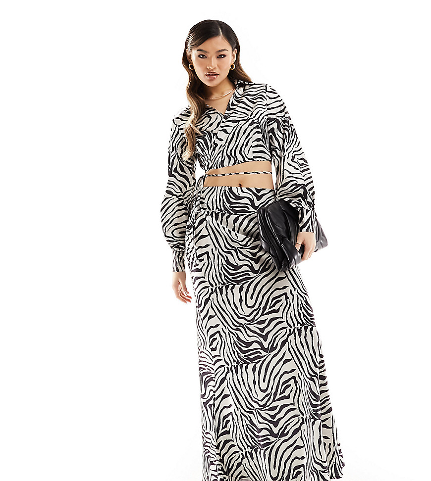 In The Style exclusive satin fishtail maxi skirt co-ord in zebra-Black