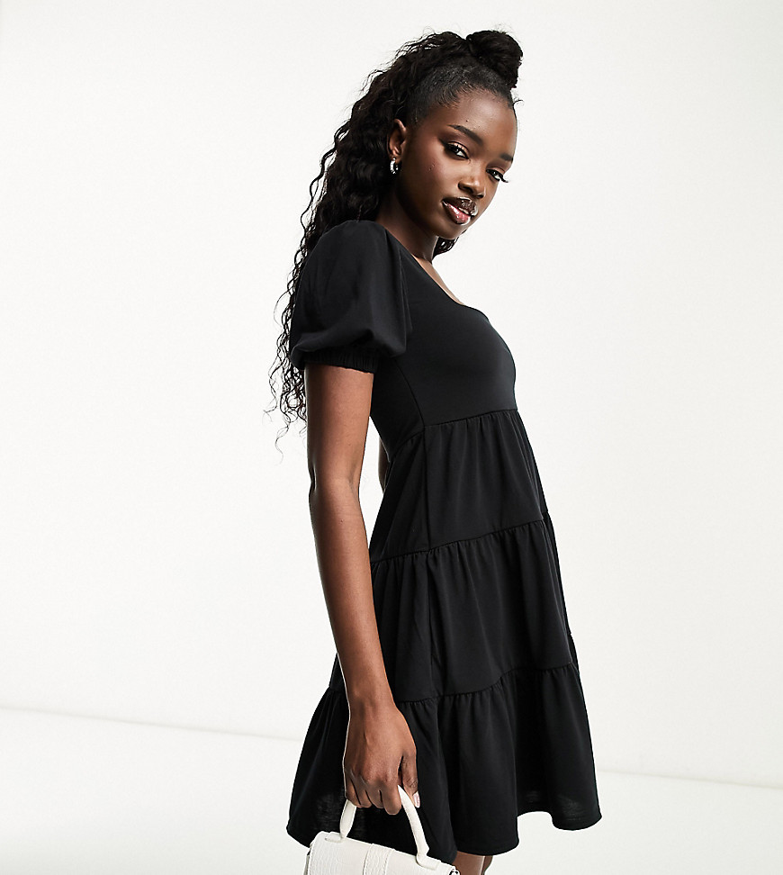 In The Style exclusive tiered mini dress with shirred back detail in black