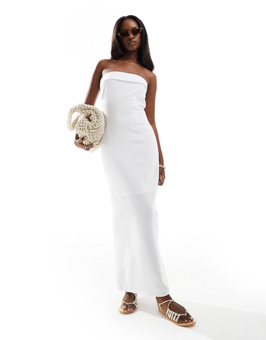 In The Style linen mix bandeau fold over maxi dress in white