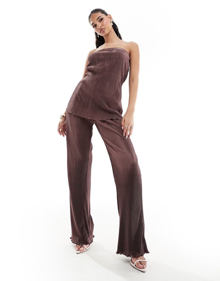 In The Style plisse wide leg trousers co-ord in chocolate-Brown