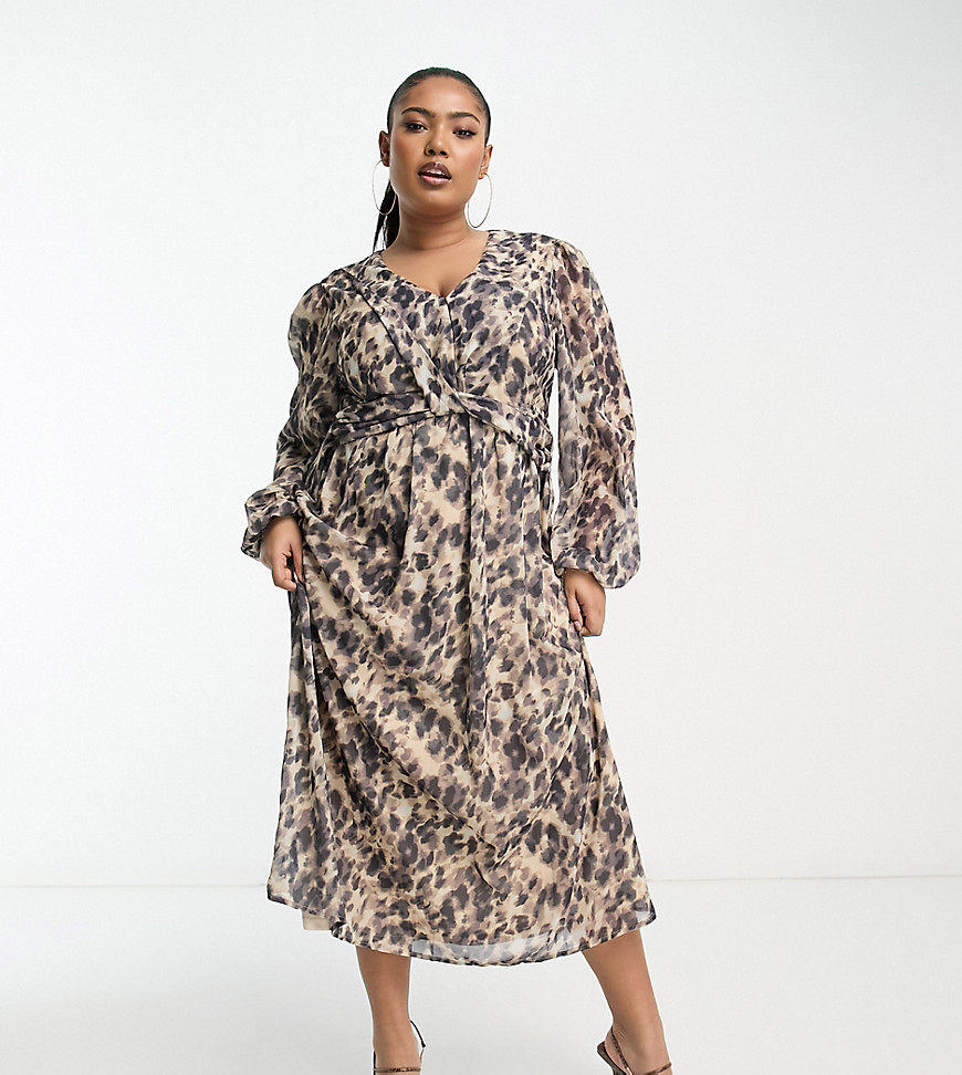 In The Style Plus chiffon twist detail midi dress with volume sleeves in leopard print-Multi