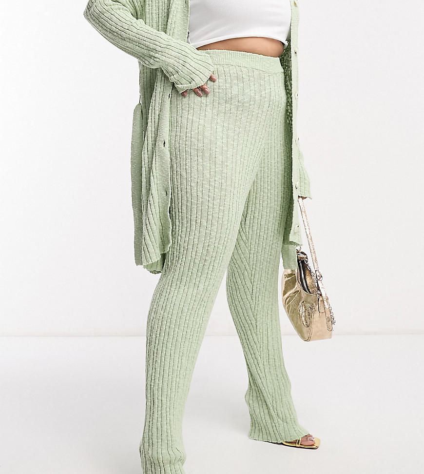 In The Style Plus knitted flare trouser co-ord in sage-Green