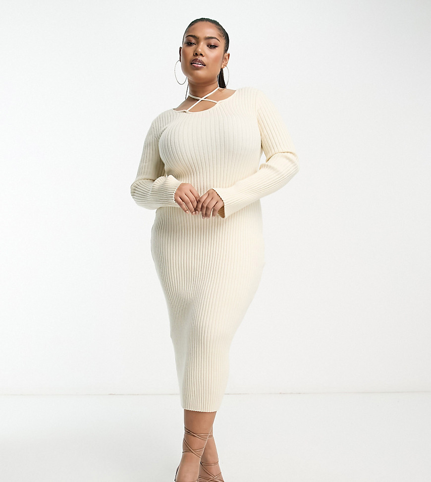 In The Style Plus knitted ribbed strappy neck midi dress in cream-White