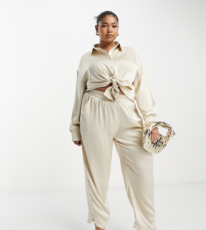 In The Style Plus satin relaxed trouser co-ord in stone-Neutral