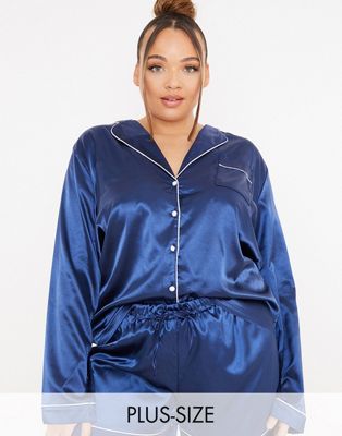 In The Style Plus x Lorna Luxe satin contrast trim pajama shirt in navy - Click1Get2 Black Friday