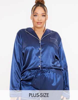 In The Style Plus x Lorna Luxe satin contrast trim pajama shirt in navy - Click1Get2 Coupon&