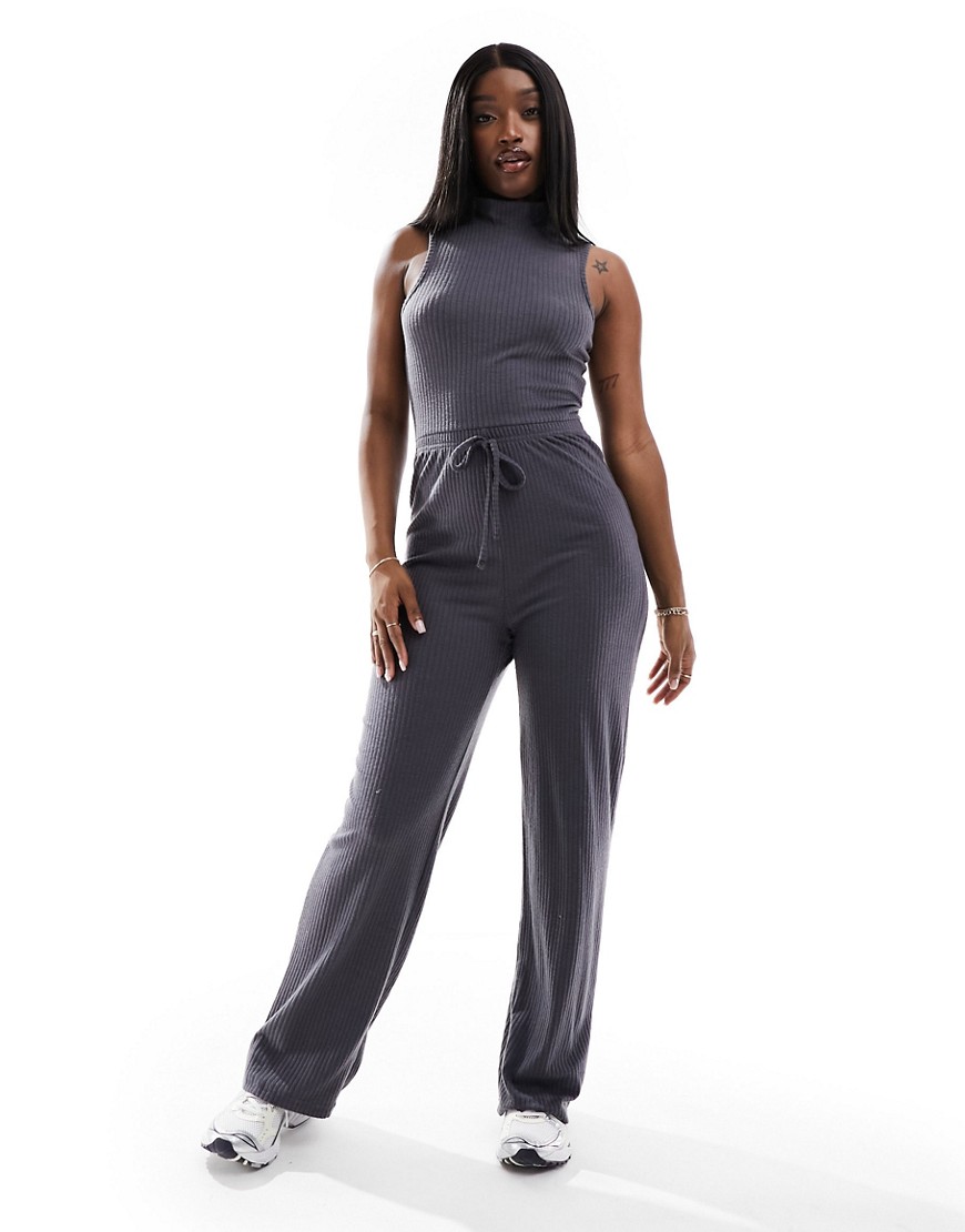 In The Style ribbed high neck drawstring detail wide leg jumpsuit in charcoal-Grey