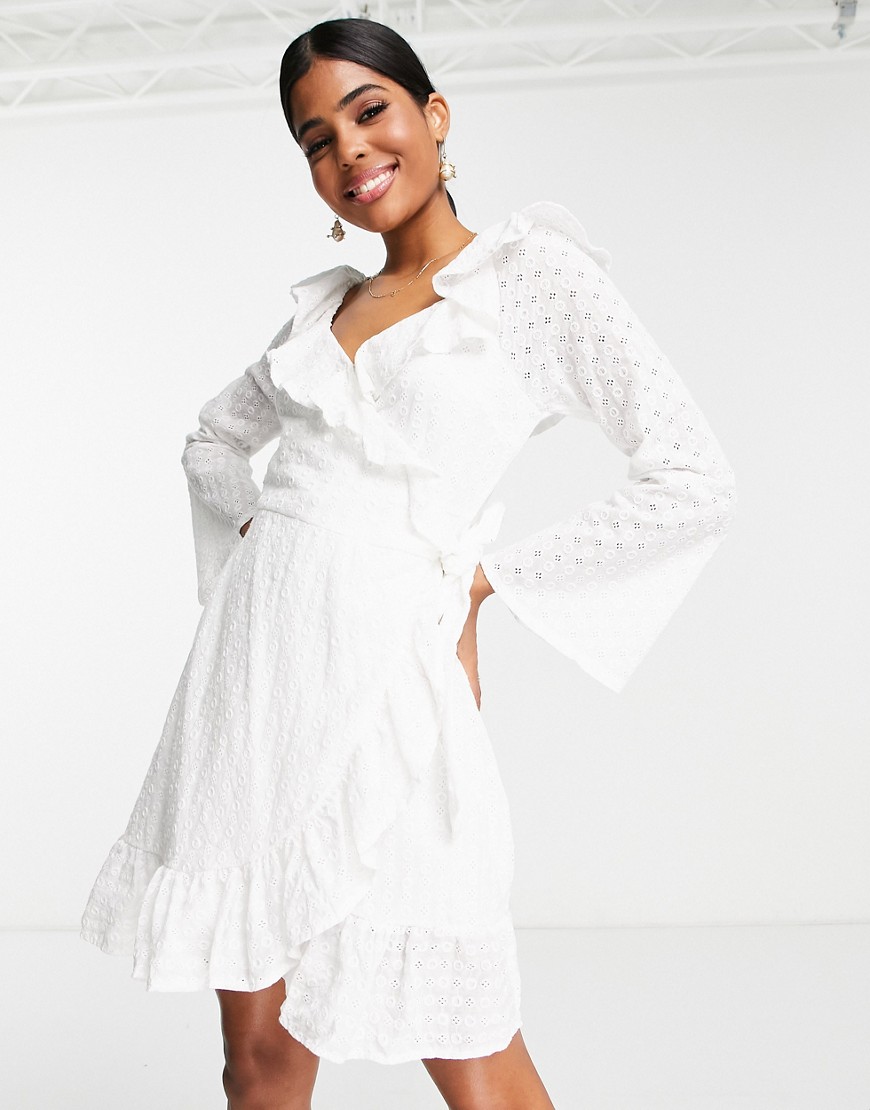 In The Style x Jac Jossa lace frilly bardot wrap front mini dress in white
