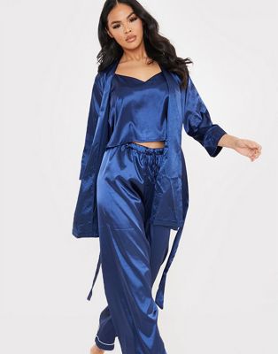 In The Style x Lorna Luxe satin contrast trim robe with belt in navy - Click1Get2 Promotions