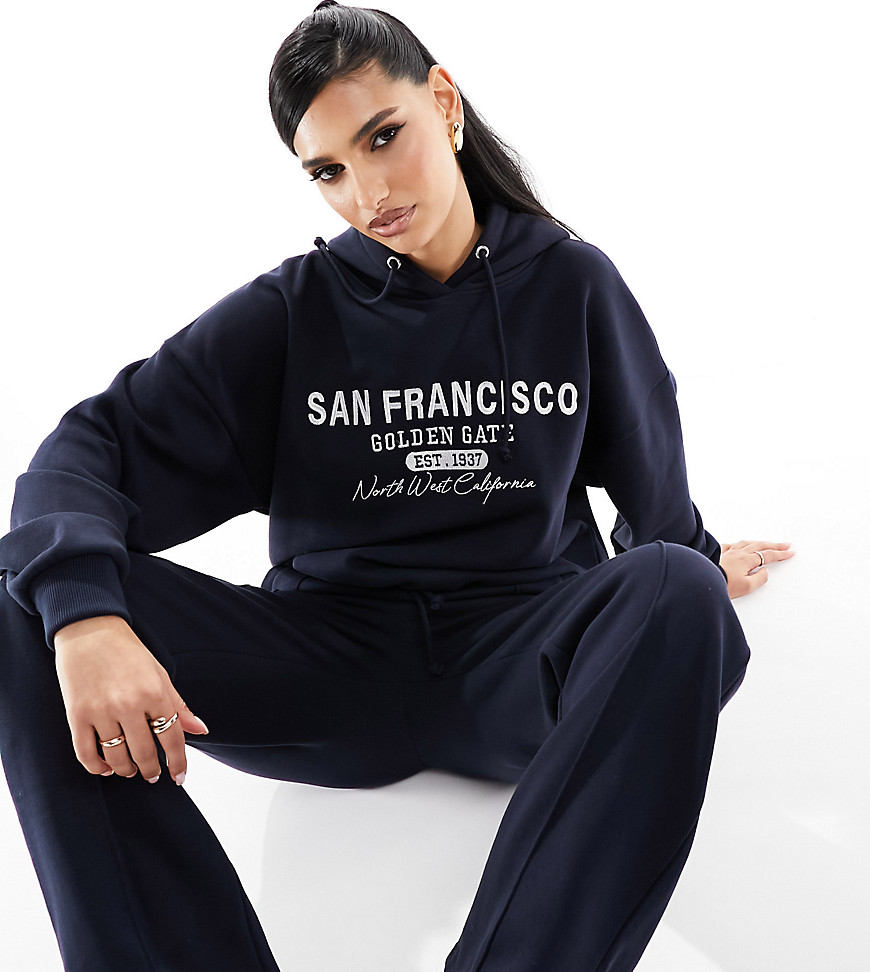 In The Style x Perrie Sian exclusive San Francisco embroidered hoodie co-ord in navy